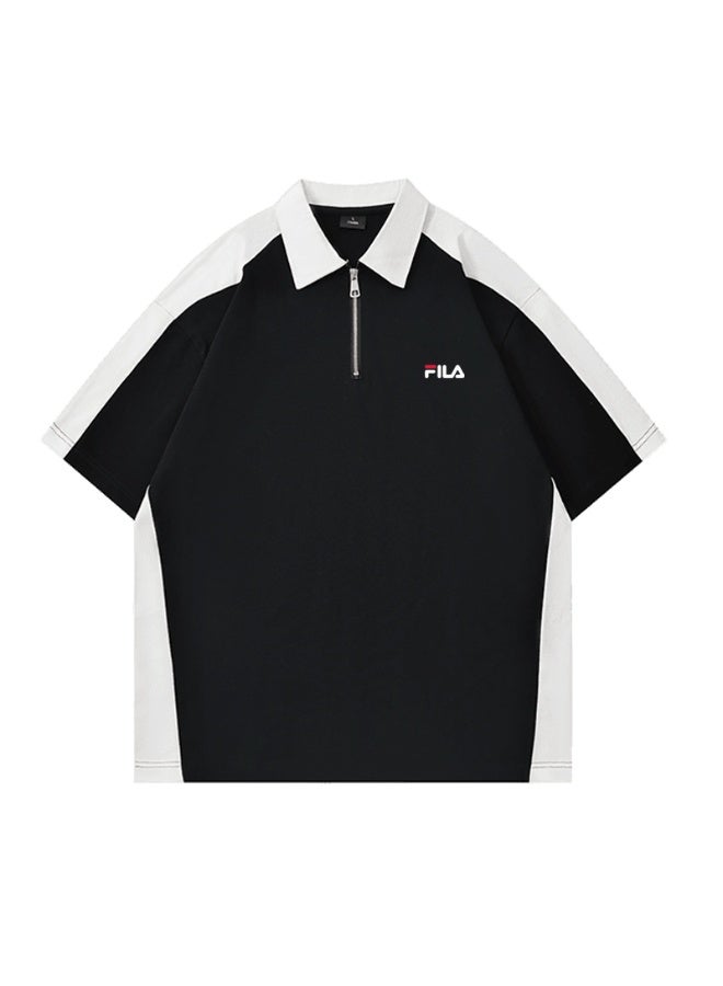 FILA Contrasting Semi-Zipped Polo Shirt for Men and Women Summer Loose Shoulder Short Sleeve Retro Lapel T-shirt - Image 3