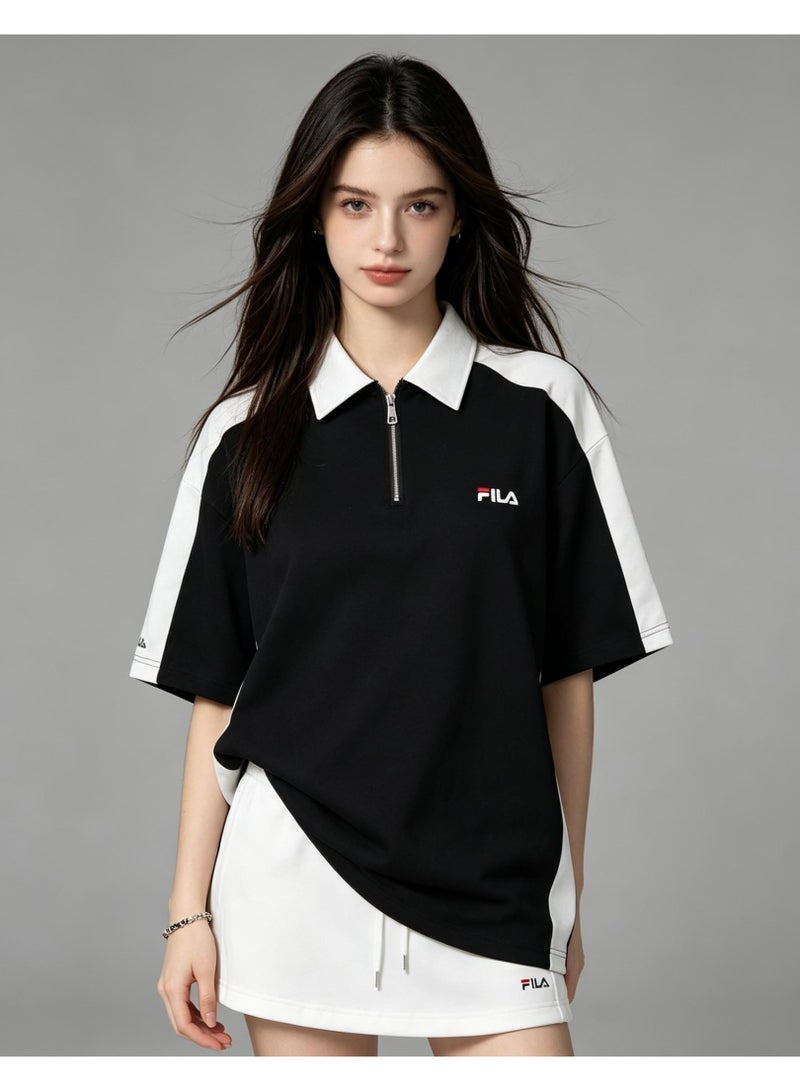 FILA Contrasting Semi-Zipped Polo Shirt for Men and Women Summer Loose Shoulder Short Sleeve Retro Lapel T-shirt - Image 2