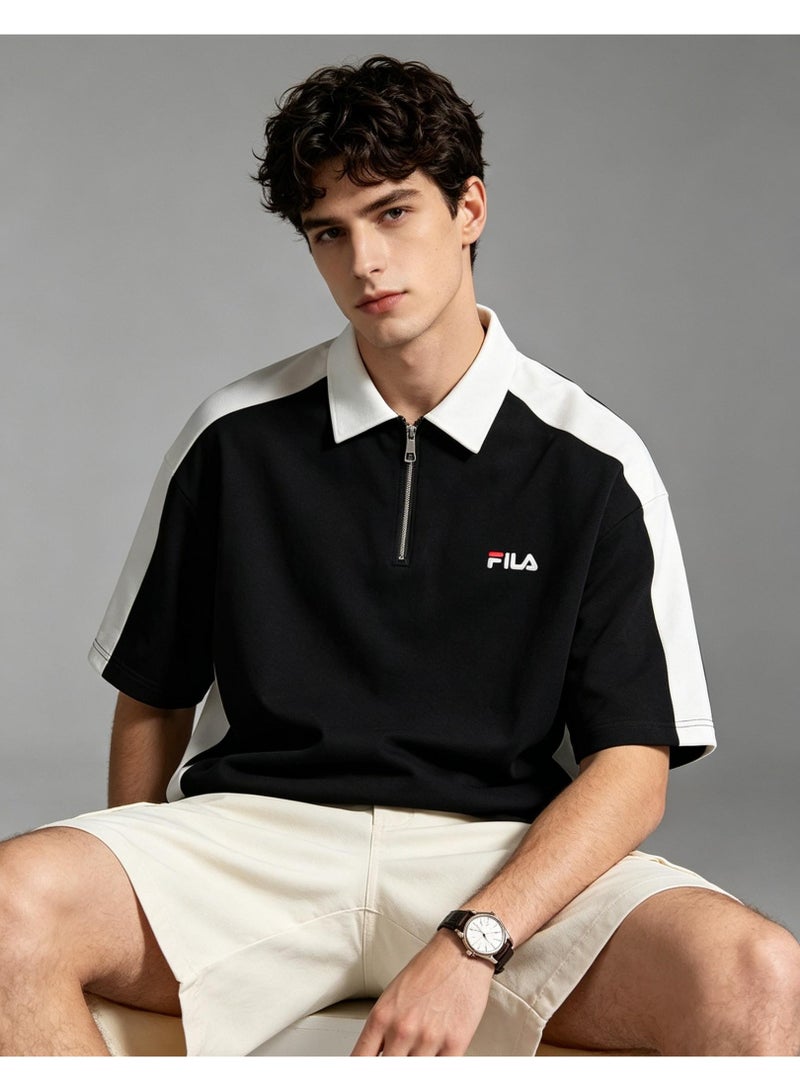 FILA Contrasting Semi-Zipped Polo Shirt for Men and Women Summer Loose Shoulder Short Sleeve Retro Lapel T-shirt - Image 1