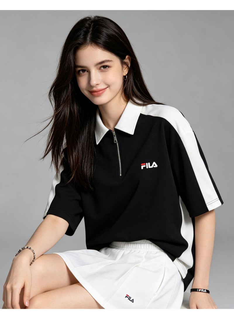 FILA Contrasting Semi-Zipped Polo Shirt for Men and Women Summer Loose Shoulder Short Sleeve Retro Lapel T-shirt - Image 5