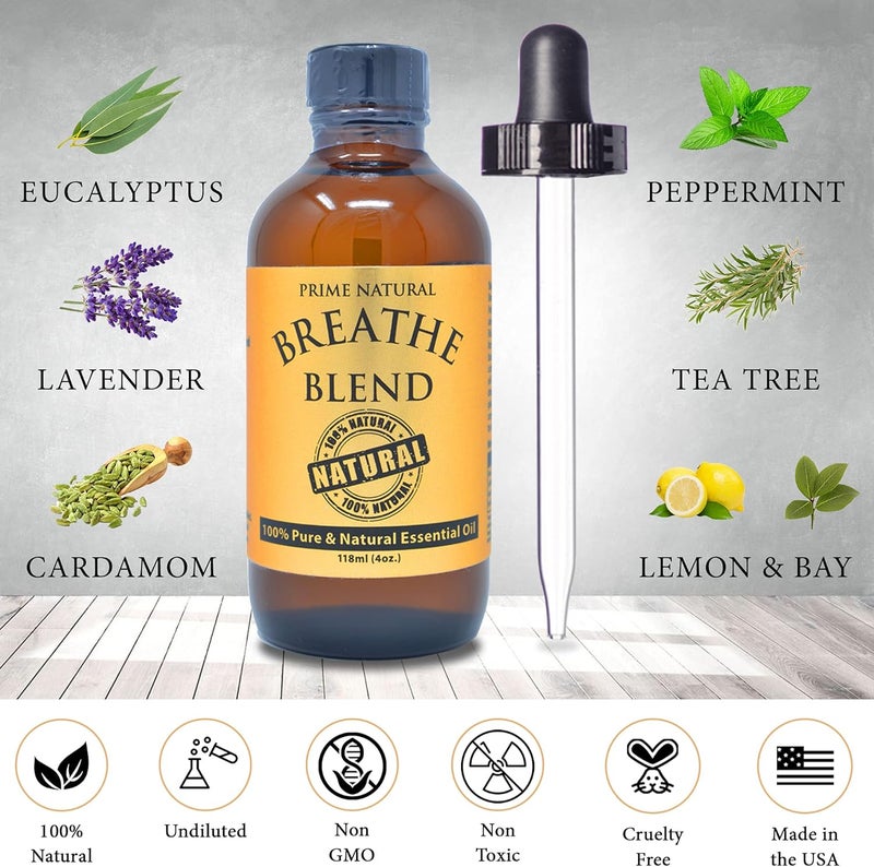 Prime Natural خليط زيت أساسي برايم ناتشورال بريث 4 أونصات نقي غير مخفف من الدرجة العلاجية للعلاج بالروائح، موزع، تخفيف الجيوب الأنفية، الحساسية، الاحتقان، البرد، السعال، الصداع - Image 2