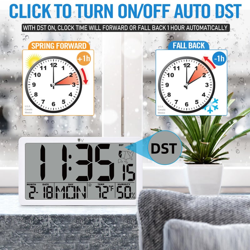 TXL Atomic Digital Wall Clock, Battery Operated with Temperature & Humidity, Auto DST, Date & Weekday, Easy Set Alarm, for Living Room, Bedroom, Office & Classroom (White) - Image 5