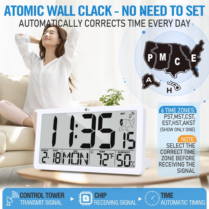 TXL Atomic Digital Wall Clock, Battery Operated with Temperature & Humidity, Auto DST, Date & Weekday, Easy Set Alarm, for Living Room, Bedroom, Office & Classroom (White) - Image 2