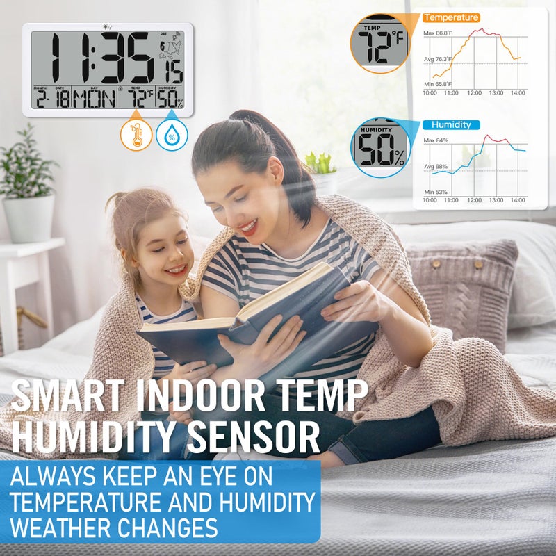 TXL Atomic Digital Wall Clock, Battery Operated with Temperature & Humidity, Auto DST, Date & Weekday, Easy Set Alarm, for Living Room, Bedroom, Office & Classroom (White) - Image 4