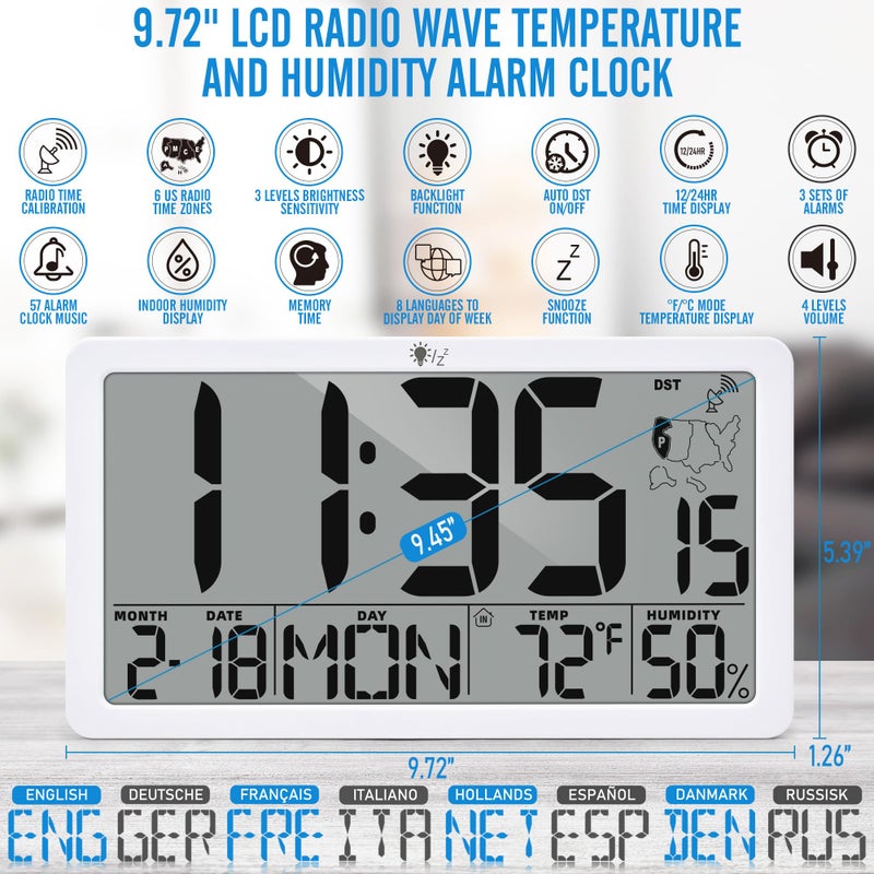 TXL Atomic Digital Wall Clock, Battery Operated with Temperature & Humidity, Auto DST, Date & Weekday, Easy Set Alarm, for Living Room, Bedroom, Office & Classroom (White) - Image 3