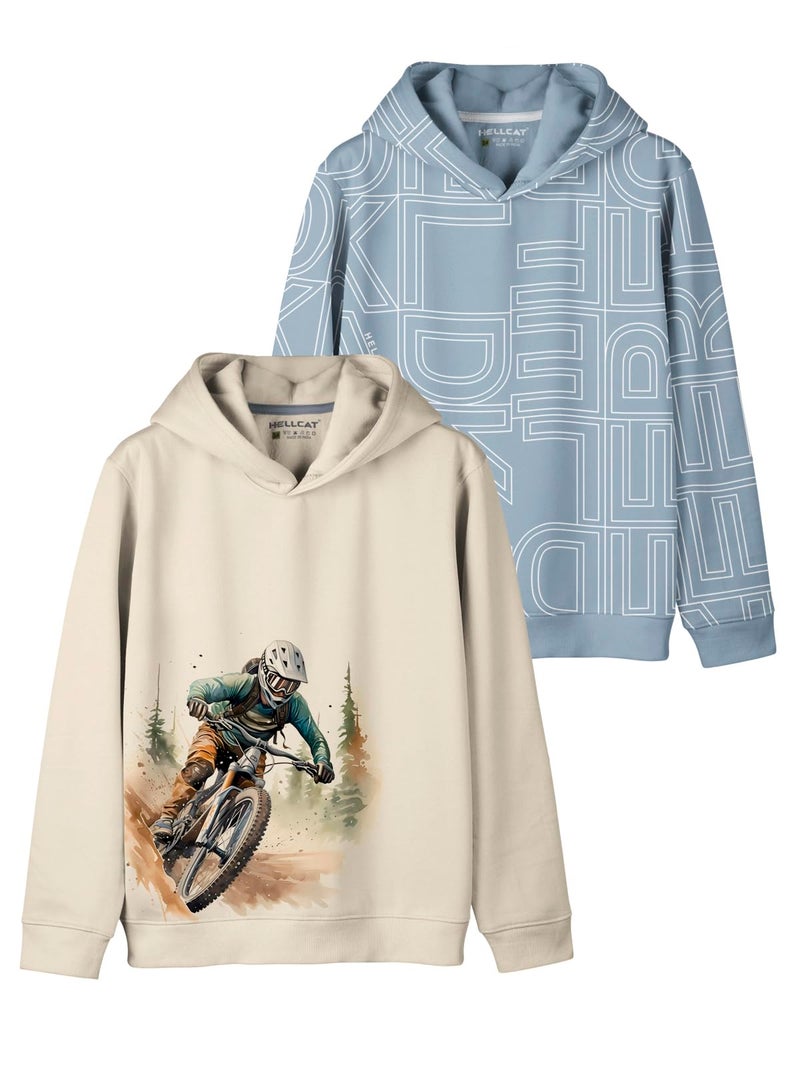 HELLCAT Trendy Printed Cotton Blend Regular Fit Hoodie Sweatshirt for Boys - Pack of 2_Beige / Bluish Grey_13-14 Years - Image 1