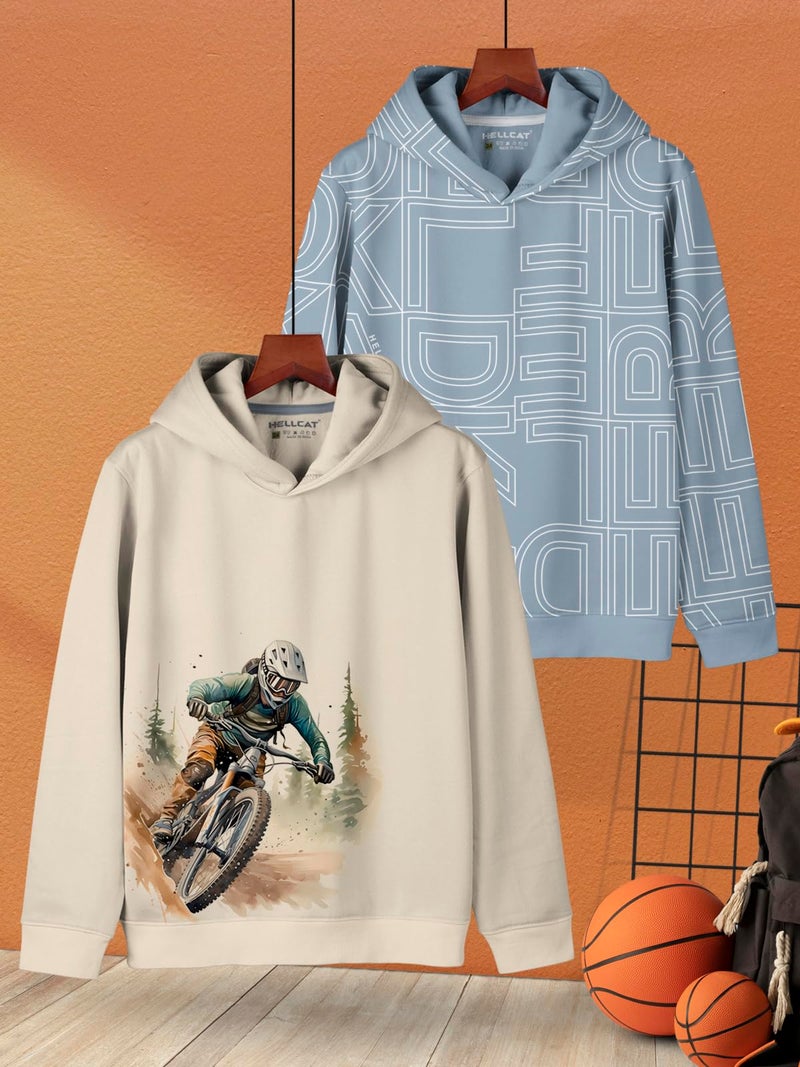 HELLCAT Trendy Printed Cotton Blend Regular Fit Hoodie Sweatshirt for Boys - Pack of 2_Beige / Bluish Grey_13-14 Years - Image 2