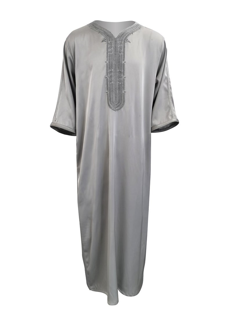 Men's Embroidered Thobe with Rope Stitch Detail & Side Pockets | Polyester Blend