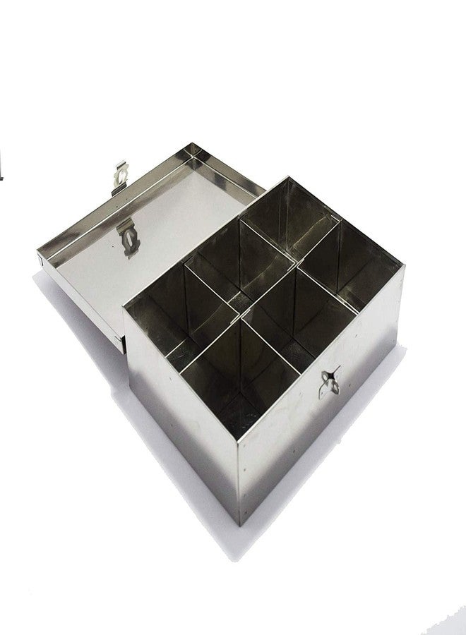 GinoSet® Stainless Steel Spice Box, 6 Compartment, Masala Dabba Utility Container, Masala Peti (Steel) W-10, H-3", L-7" - Image 1