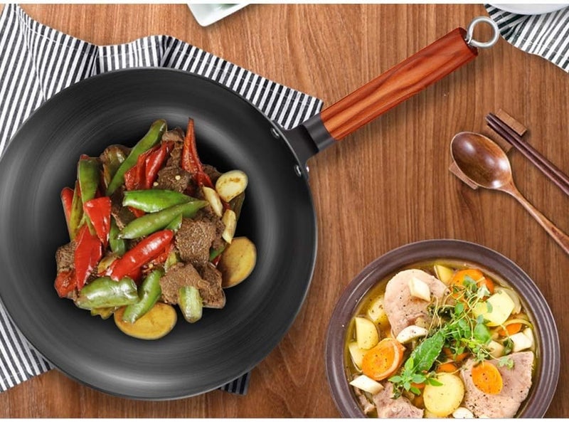 Large Capacity Deep Wok Frying Pan – Durable Non-Stick Pan with Wooden Handle for Stir-Fry, Stews, and Multi-Purpose Cooking (Size 32) - Image 2
