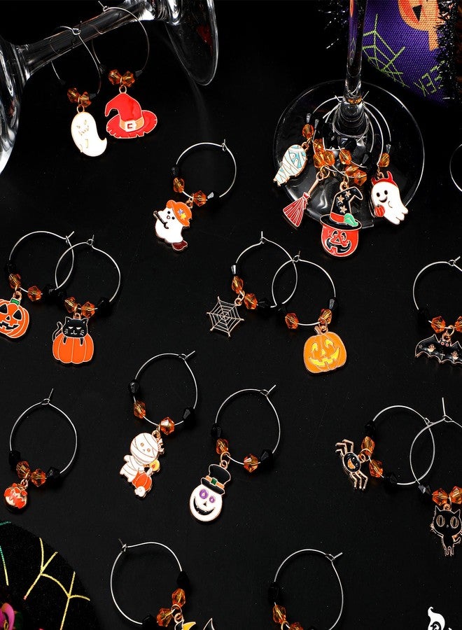 Inbagi 24 Pcs Halloween Wine Glass Charms Halloween Enamel Wine Charms Pendant Pumpkin Witch Hat Broomstick Mummy Castle Glass Markers Drink Identifier for Stem Halloweens Birthday Party Supply - Image 4