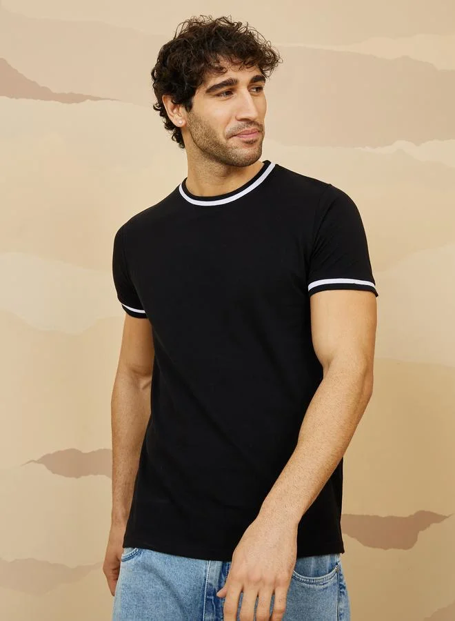 ستايلي Styli Pique Knit Ringer Regular T-Shirt with Twin Tipping