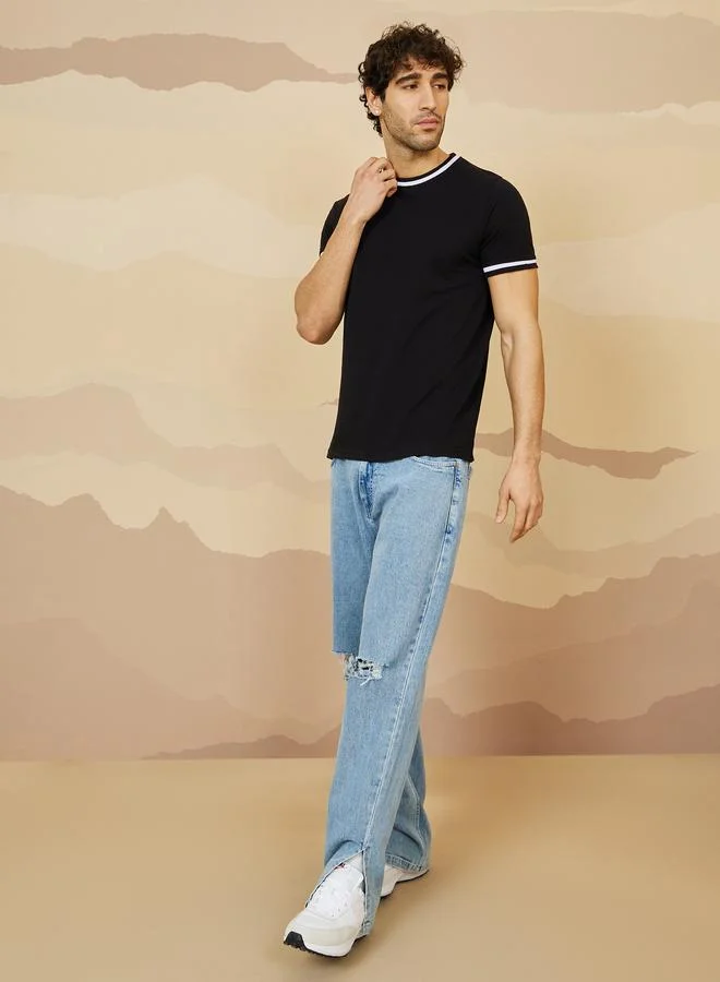 ستايلي Styli Pique Knit Ringer Regular T-Shirt with Twin Tipping