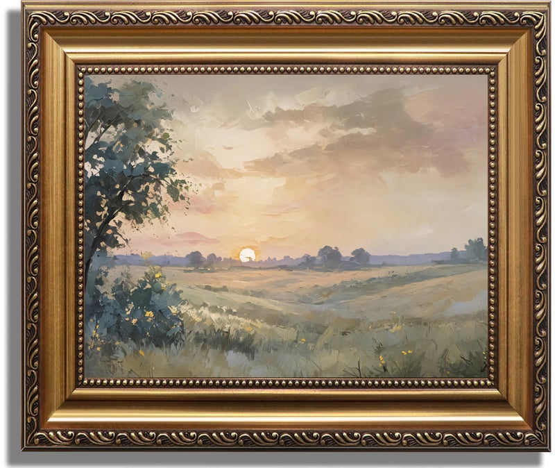 ASTRDECOR Vintage Framed Wall Art, Landscape Oil Painting Farmhouse Wall Decor with Muted Autumn Sunset, Retro French Country Artwork, Neutral Country Scenery Pictures Decor, Gold Framed Canvas Printing 12''x16'' - Image 1