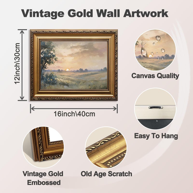 ASTRDECOR Vintage Framed Wall Art, Landscape Oil Painting Farmhouse Wall Decor with Muted Autumn Sunset, Retro French Country Artwork, Neutral Country Scenery Pictures Decor, Gold Framed Canvas Printing 12''x16'' - Image 2