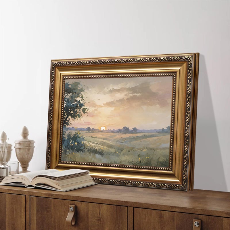 ASTRDECOR Vintage Framed Wall Art, Landscape Oil Painting Farmhouse Wall Decor with Muted Autumn Sunset, Retro French Country Artwork, Neutral Country Scenery Pictures Decor, Gold Framed Canvas Printing 12''x16'' - Image 3