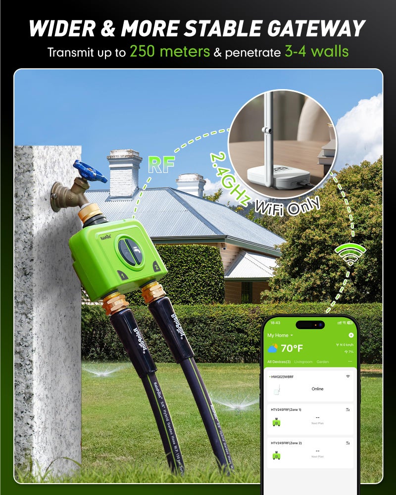 RAINPOINT WiFi Water Timer for Garden Hose, 2 Zone WiFi Sprinkler Controller, Smart Hose Timer Valve, Automatic Drip Irrigation System/Rain Delay for Garden/Lawn (Brass Inlet & Outlet, WiFi Gateway) - Image 2