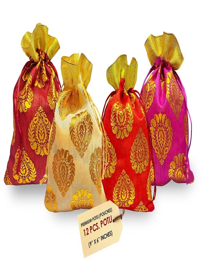 Satvik Ambi Potli Big Size Designer Potli, Dry Fruit Diwali Gift Packaging Bag Handmade Premium Fabric With Random Design Indian Housewarming Return Gift Items Bulk (SET OF 12) - Image 1
