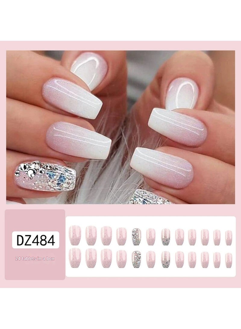 Goolsky Glitter Rhinestone Press On Nails Pink Gradient Fake Nail Tips Brightening Nail Set  - Image 1