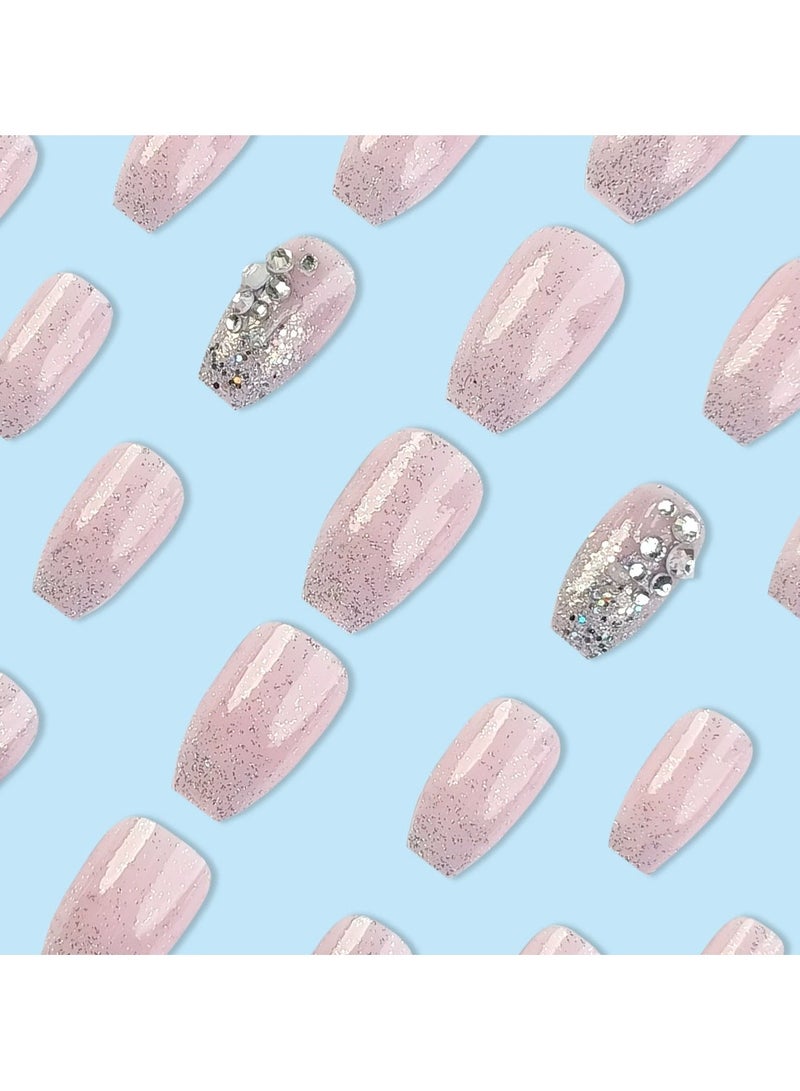Goolsky Glitter Rhinestone Press On Nails Pink Gradient Fake Nail Tips Brightening Nail Set  - Image 4
