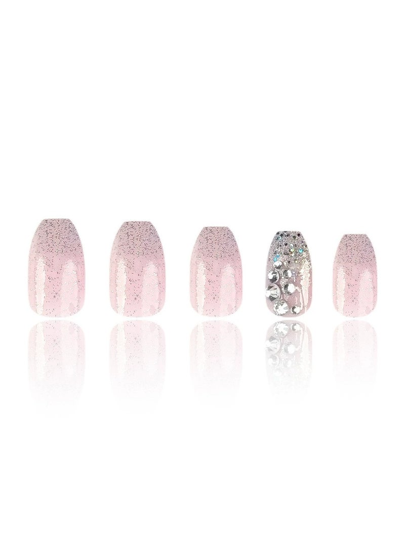 Goolsky Glitter Rhinestone Press On Nails Pink Gradient Fake Nail Tips Brightening Nail Set  - Image 3