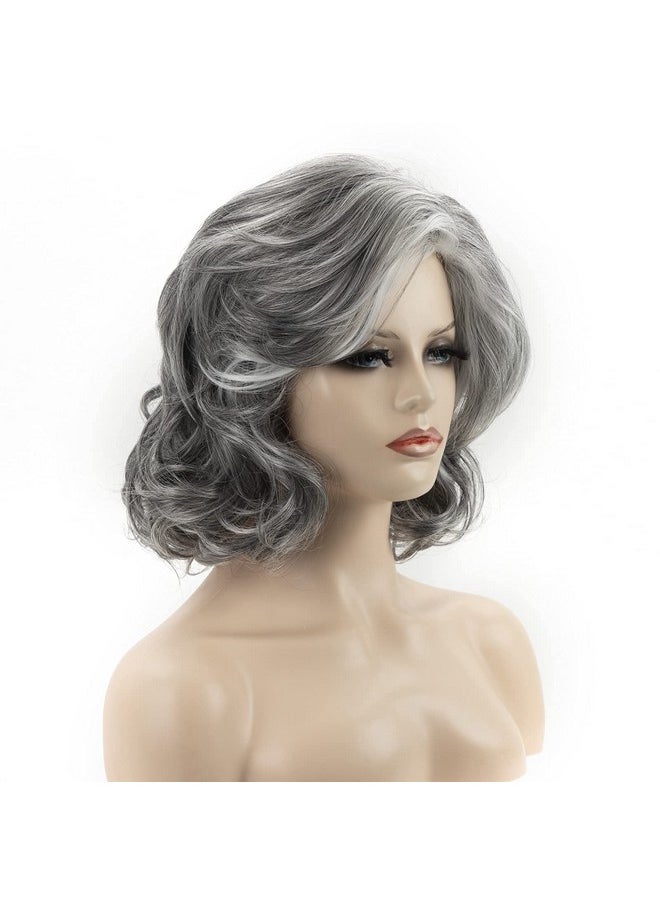 RENERSHOW - Grey Wig Short Grey Wavy Wigs For Women Mixed Gray Curly Synthetic Wig Midlength Salt And Papper Wig Natural Daily Costume Old Lady Wig - Image 1