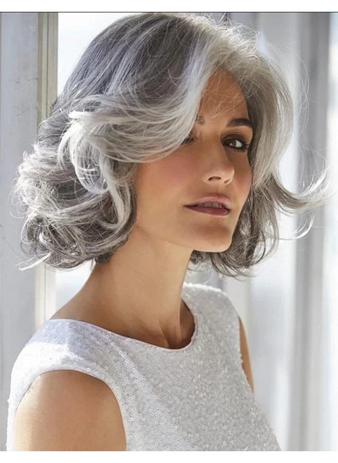 RENERSHOW - Grey Wig Short Grey Wavy Wigs For Women Mixed Gray Curly Synthetic Wig Midlength Salt And Papper Wig Natural Daily Costume Old Lady Wig - Image 1