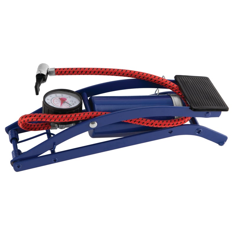 Performance Tool W1638DB Foot Pump for Bike Tires and Sports Equipment with Air Pressure Gauge Braided Hose and Needle Valve with Adaptors 100 PSI Capacity Blue