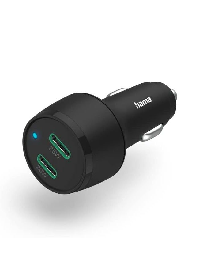 هاما شاحن سيارة 45 وات USB-C لتوصيل الطاقة سريع مع منفذين للهواتف الذكية / شاحن بمنفذ USB Type-C مزدوج مع دعم PD والشحن السريع - أسود - Image 1