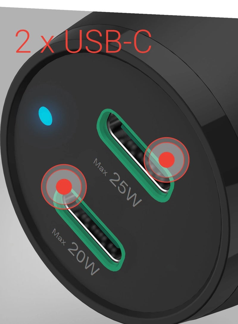 هاما شاحن سيارة 45 وات USB-C لتوصيل الطاقة سريع مع منفذين للهواتف الذكية / شاحن بمنفذ USB Type-C مزدوج مع دعم PD والشحن السريع - أسود - Image 3