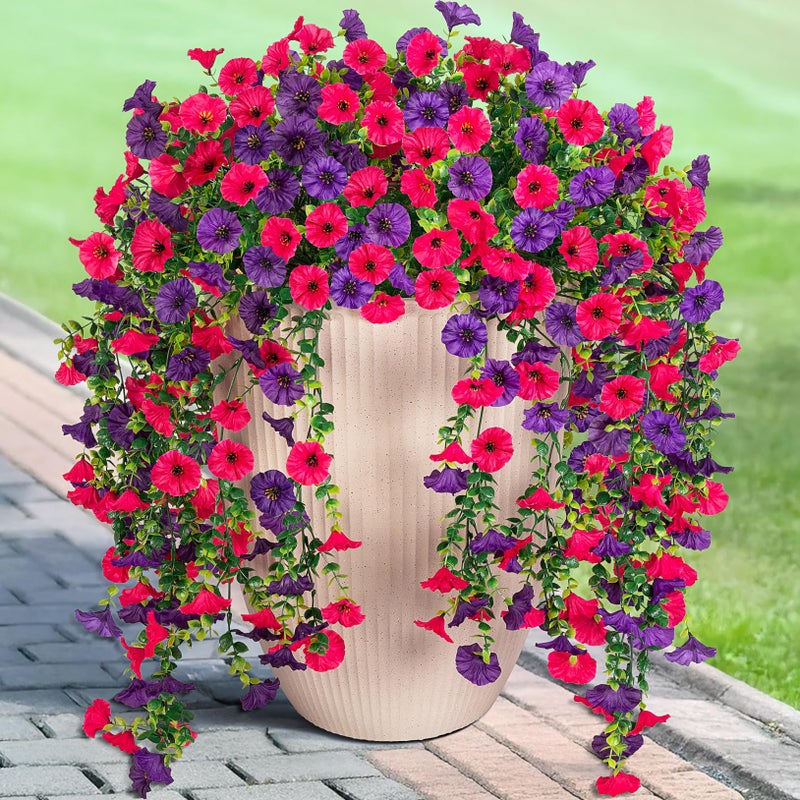 Hrobek Artificial Hanging Flowers for Outdoor, 2pcs Fake Plants Long Vine Morning Glory Eucalyptus, UV Resistant Realistic Faux Greenery Indoor Outside Patio Porch Garden Spring Decor, Rose Purple - Image 1