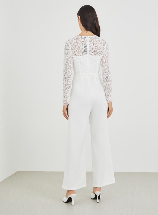 Styli Lace Insert Long Sleeve Wide Leg Jumpsuit - Image 4