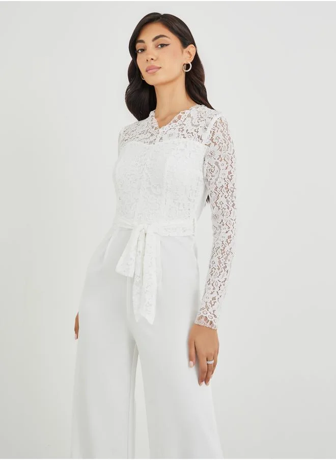 ستايلي Styli Lace Insert Long Sleeve Wide Leg Jumpsuit