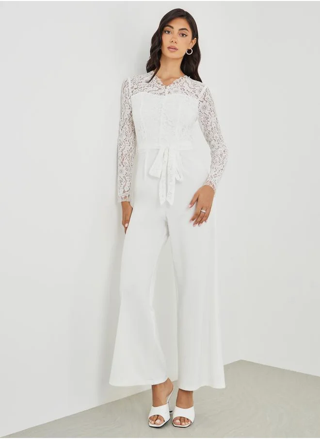ستايلي Styli Lace Insert Long Sleeve Wide Leg Jumpsuit