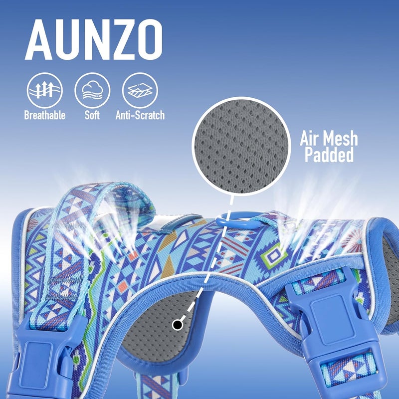 AUNZO Light Dog Harness for Small Sized Dog Breeds, No-Pull Pet Harness with 2 Leash Clips, Adjustable Soft Padded Dog Vest, Reflective Pet Oxford Vest, Puggle, Terriers, Beagle, Blue Ethnic S - Image 2