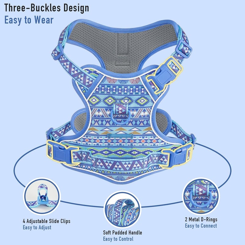 AUNZO Light Dog Harness for Small Sized Dog Breeds, No-Pull Pet Harness with 2 Leash Clips, Adjustable Soft Padded Dog Vest, Reflective Pet Oxford Vest, Puggle, Terriers, Beagle, Blue Ethnic S - Image 3