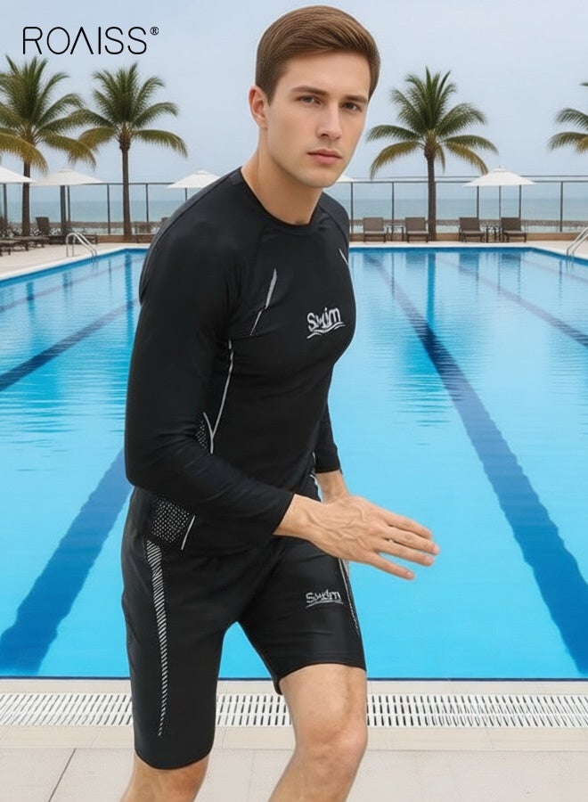 roaiss Men's 2 Piece Swimwear Set, Printed Slim-Fit Long-Sleeved Pullover Swim Shirt and Shorts Stretch Quick-Drying Sun-Protective Swimsuit Set for Swimming Training, Black - Image 5