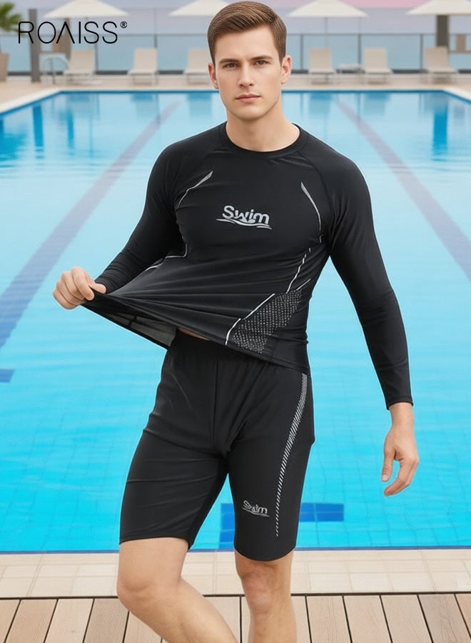 roaiss Men's 2 Piece Swimwear Set, Printed Slim-Fit Long-Sleeved Pullover Swim Shirt and Shorts Stretch Quick-Drying Sun-Protective Swimsuit Set for Swimming Training, Black - Image 2