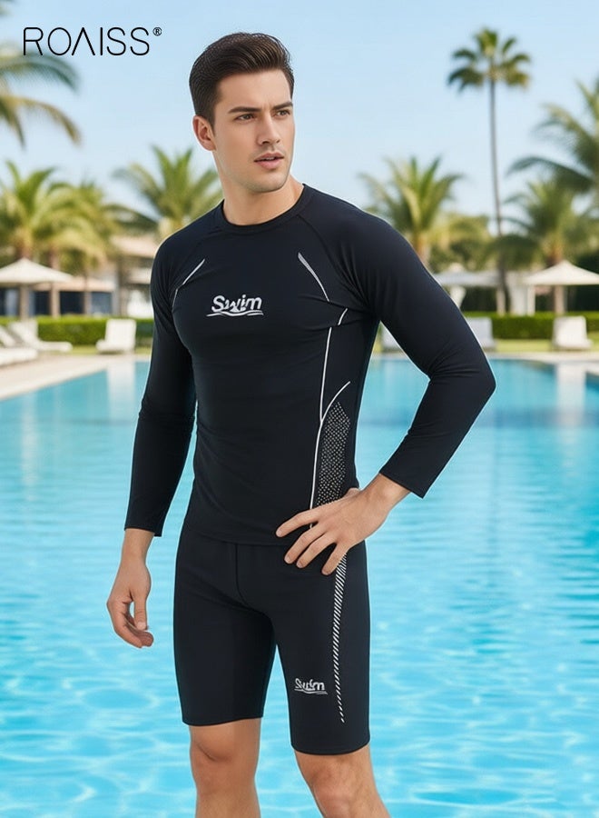 roaiss Men's 2 Piece Swimwear Set, Printed Slim-Fit Long-Sleeved Pullover Swim Shirt and Shorts Stretch Quick-Drying Sun-Protective Swimsuit Set for Swimming Training, Black - Image 3
