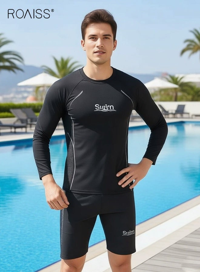 roaiss Men's 2 Piece Swimwear Set, Printed Slim-Fit Long-Sleeved Pullover Swim Shirt and Shorts Stretch Quick-Drying Sun-Protective Swimsuit Set for Swimming Training, Black - Image 1