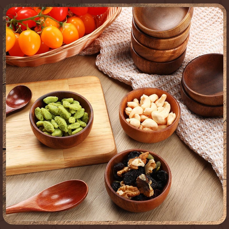 Skylety 10 Pcs Acacia Wooden Bowls Small Calabash Bowls Round Wood Salad Hand Carved Calabash Dip Tray for Serving Popcorn Pasta Candy Cereal Coconut Nuts Sauce Appetizers Kitchen (3 Inch) - Image 4