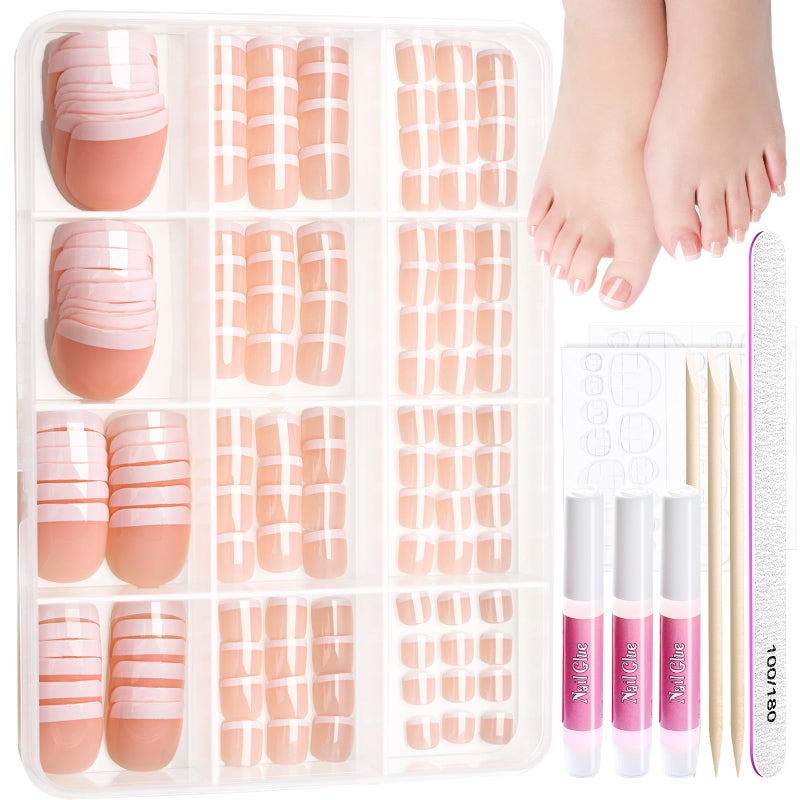 Teenitor 144pcs Press on Toenails for Women, 6 Sets French Tip Toe Press on Nails, Toe Nail Tips Fake Toenails, Fake Toe Nails Glue on Toe Nails Press on - Image 1