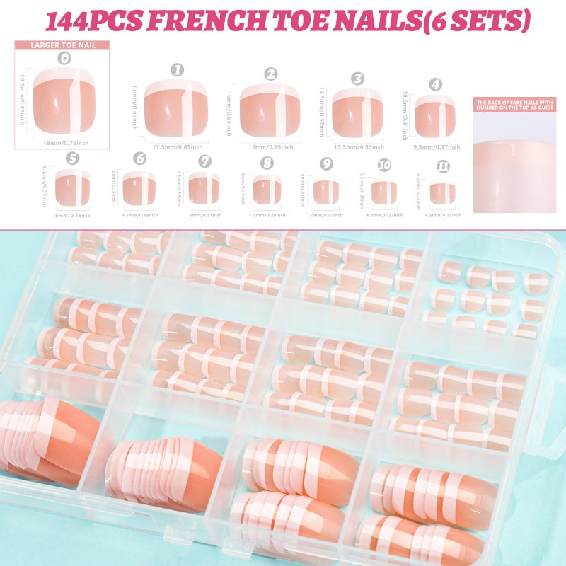 Teenitor 144pcs Press on Toenails for Women, 6 Sets French Tip Toe Press on Nails, Toe Nail Tips Fake Toenails, Fake Toe Nails Glue on Toe Nails Press on - Image 2