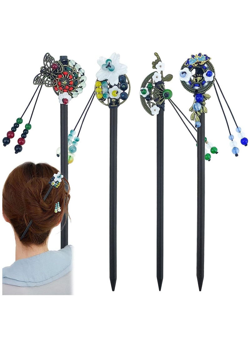 Y&D 4 Pcs Chinese Hair Stick Retro Wooden Hairpin Butterfly Flower Chopsticks Vintage Hanfu Pins Headdress Classic Fork Tassel Retroa Handmade - Image 1