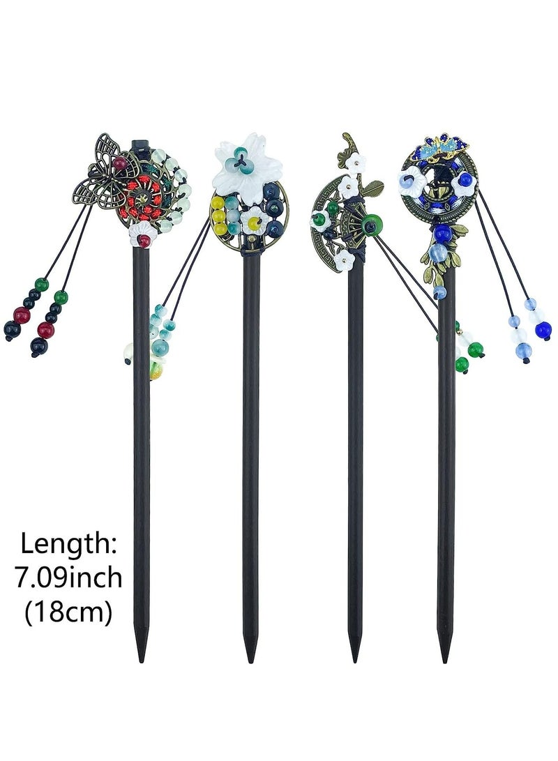 Y&D 4 Pcs Chinese Hair Stick Retro Wooden Hairpin Butterfly Flower Chopsticks Vintage Hanfu Pins Headdress Classic Fork Tassel Retroa Handmade - Image 2
