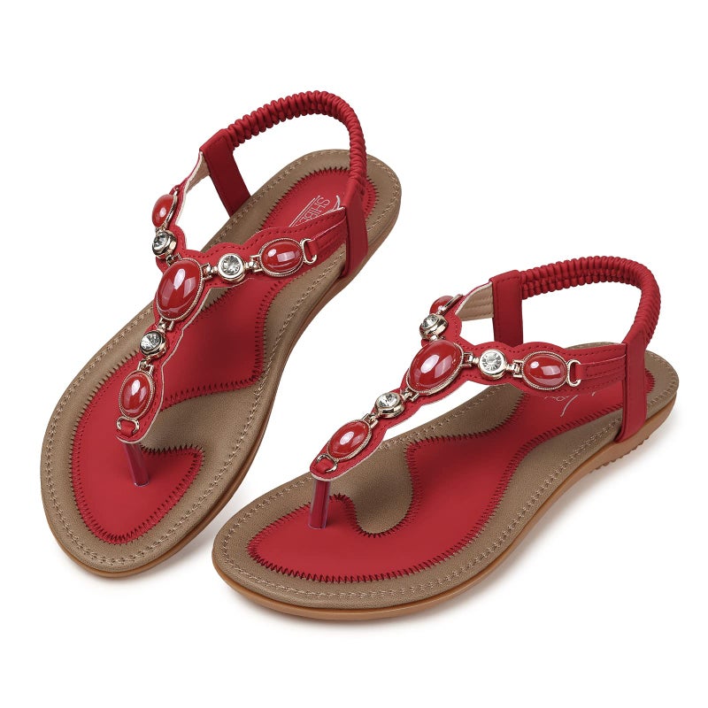 SHIBEVER Flat Sandals for Women Dressy Red Size 7 Summer Comfort Boho Dress Sandals Comfortable Walking Dressy Slip on Flats Womens Sandal