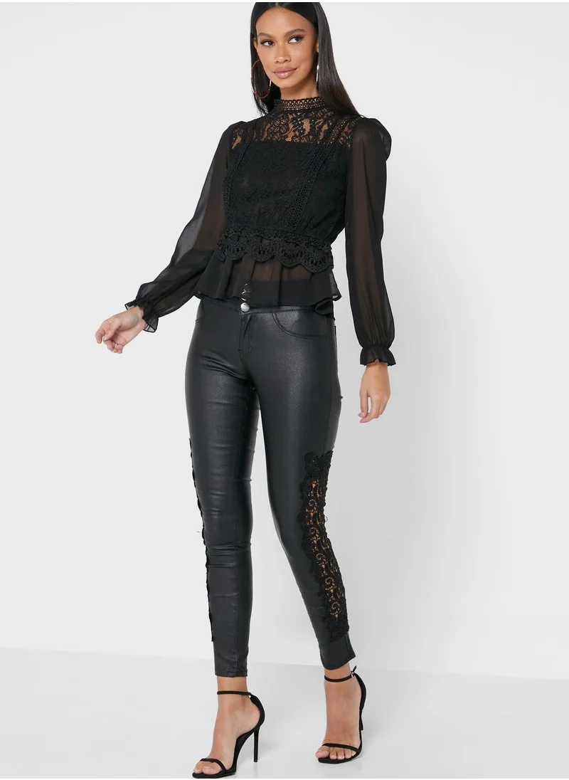 QUIZ Coated Pu Side Crochet Detail Pants