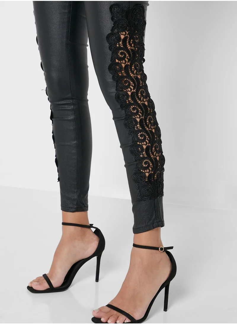 QUIZ Coated Pu Side Crochet Detail Pants