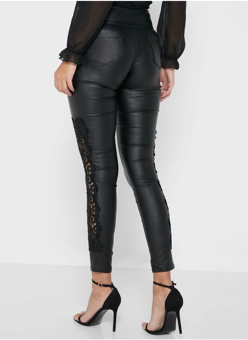 QUIZ Coated Pu Side Crochet Detail Pants