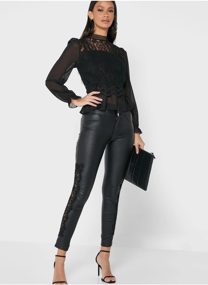 QUIZ Coated Pu Side Crochet Detail Pants